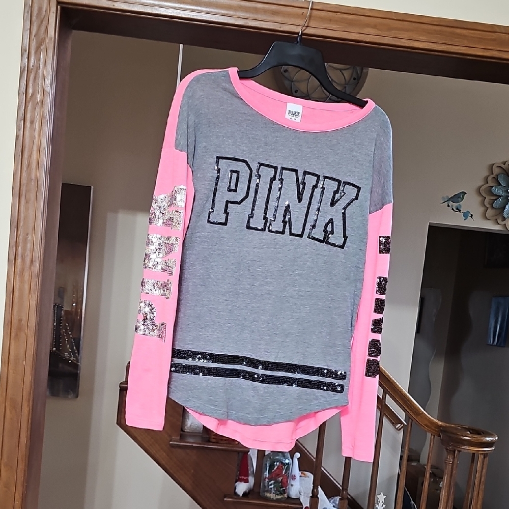 PINK Victoria's Secret Women's Long Sleeve Shirt - Gray and Pink
